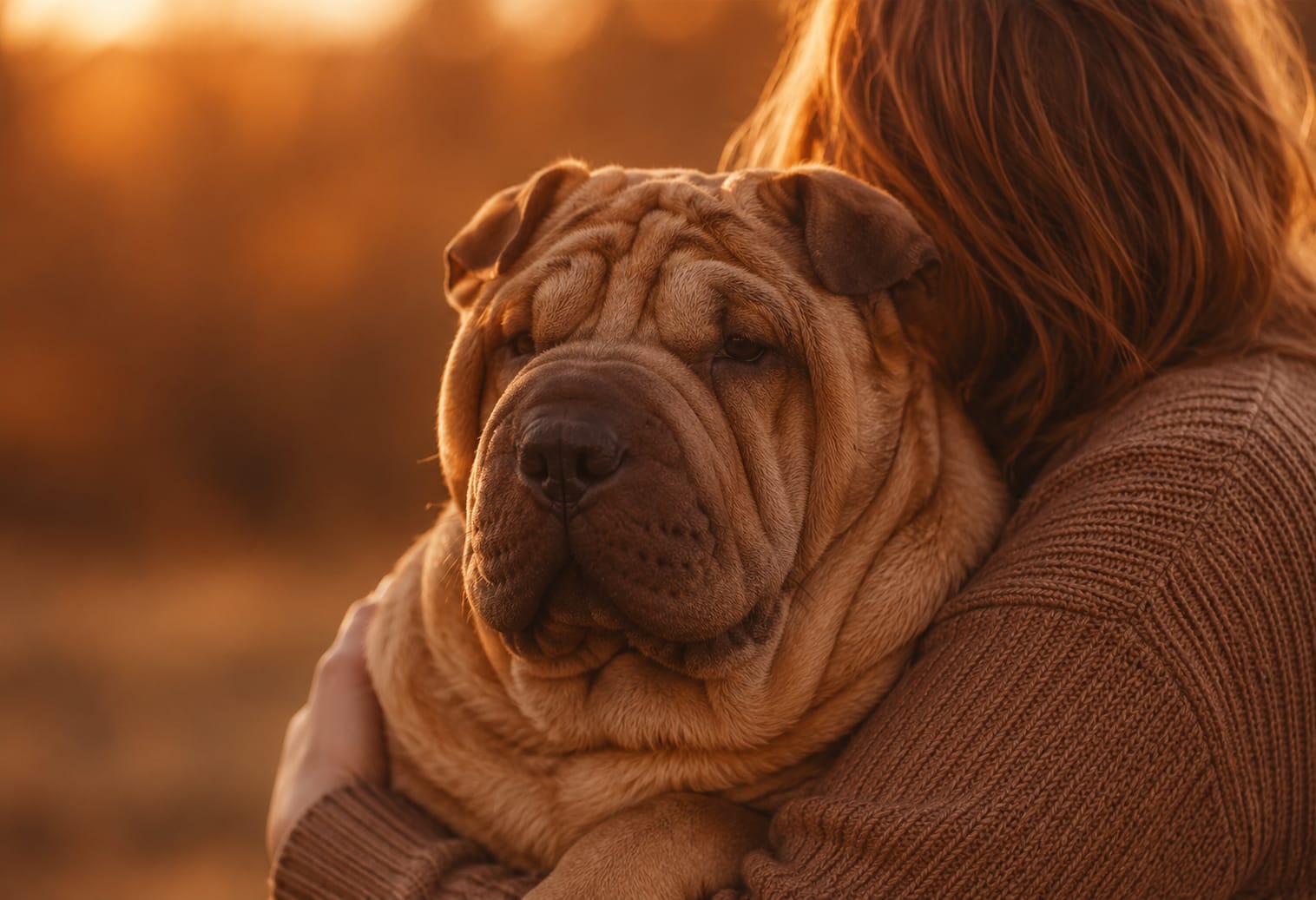 Frau umarmt Shar Pei im Sonnenuntergang