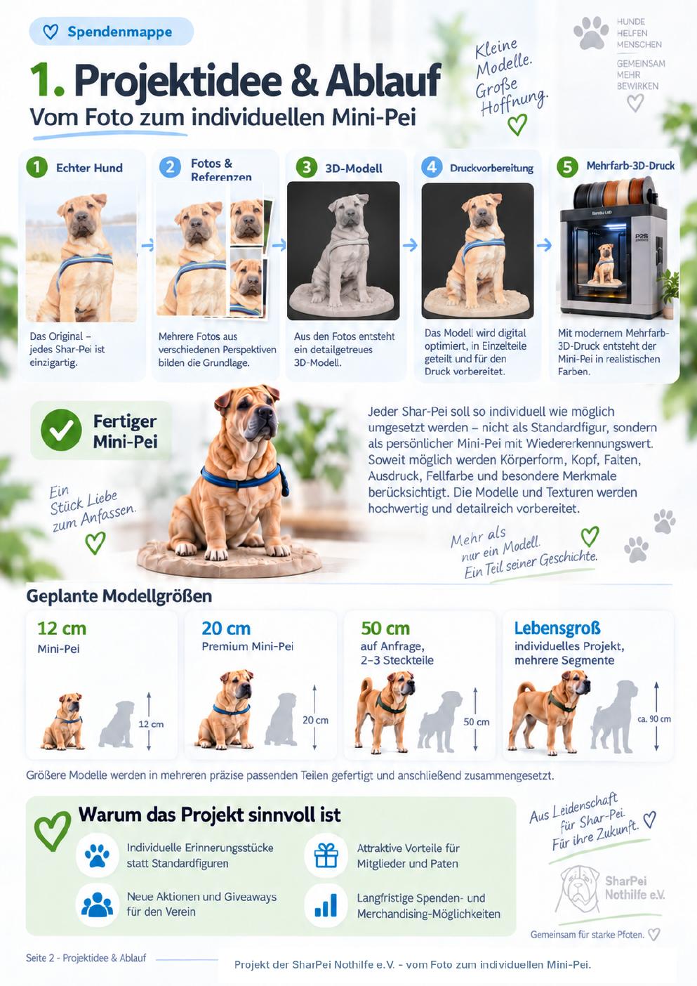 Projektablauf vom echten Hund über Fotos und digitales Modell bis zum fertigen Mini-Pei