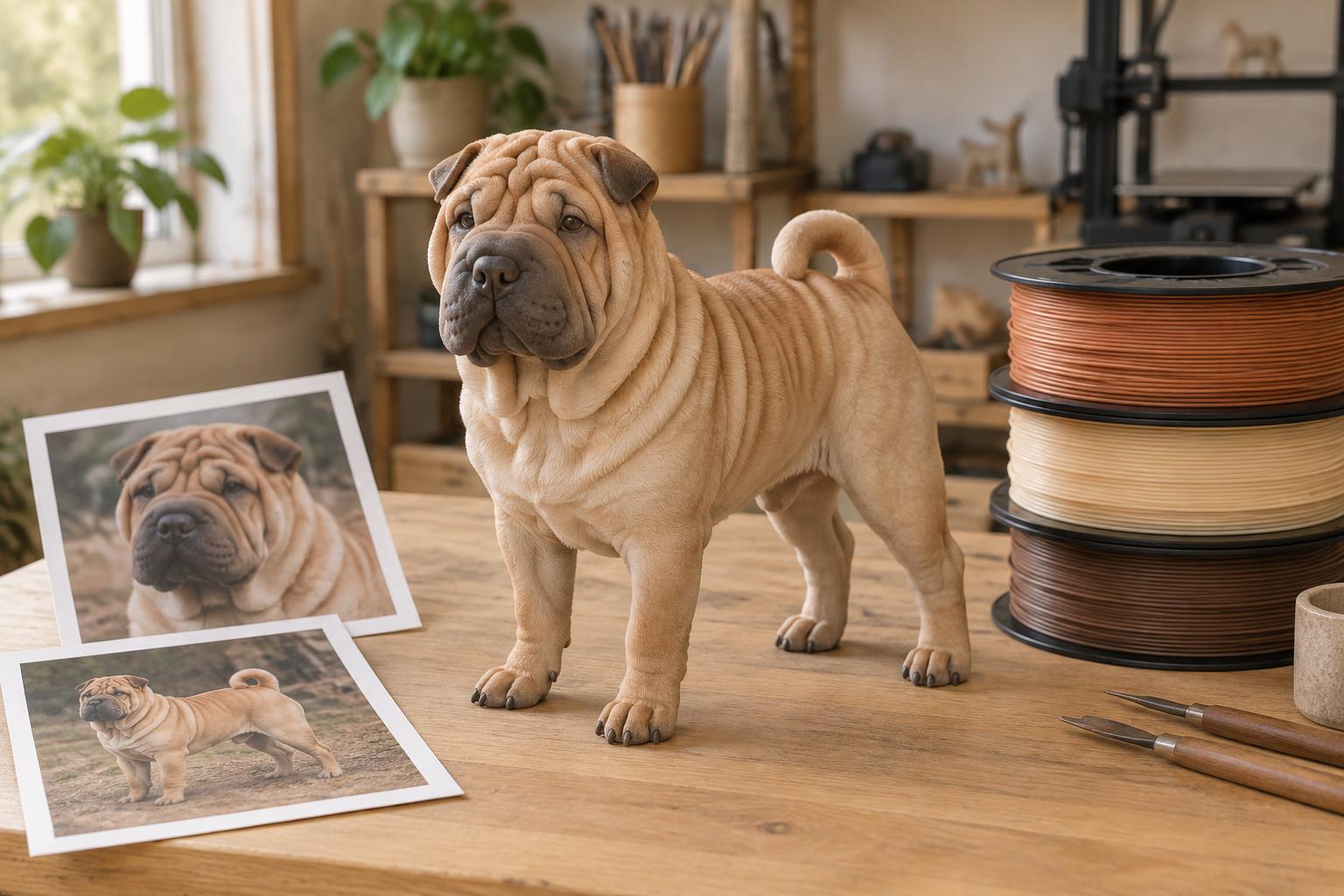 Gedruckte Shar-Pei-Figur auf einer Werkbank neben Fotos des Hundes